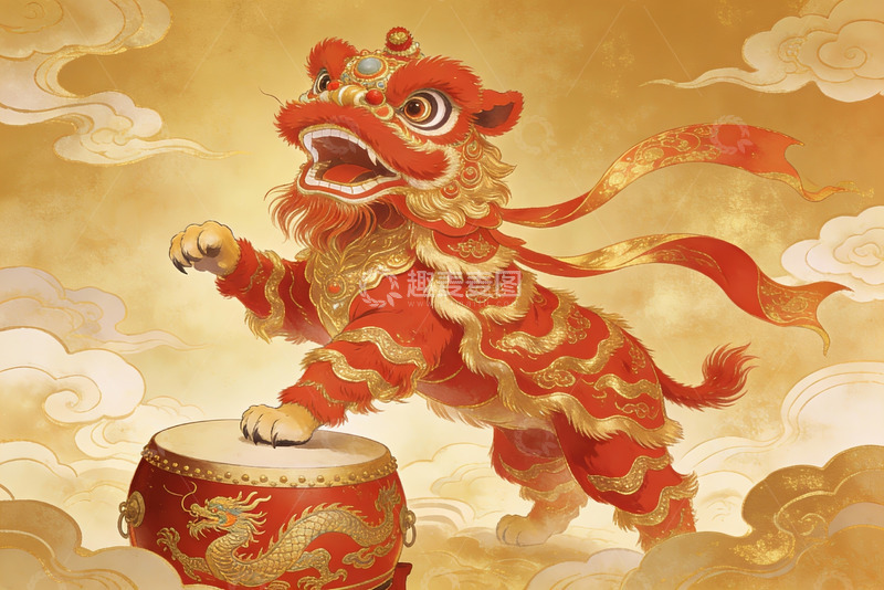高清大图下载【趣麦麦图】红色舞狮击鼓云端祥瑞