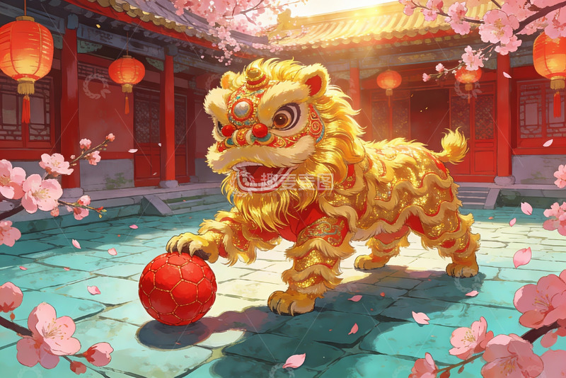 高清大图下载【趣麦麦图】舞狮迎春庭院花灯