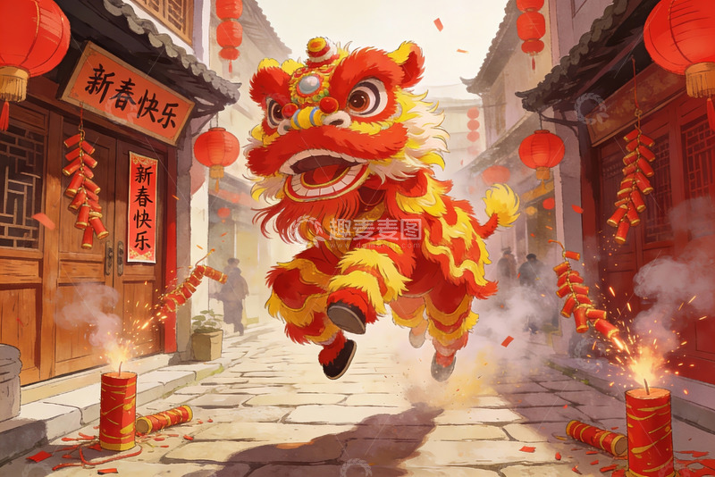 高清大图下载【趣麦麦图】新春舞狮热闹街景