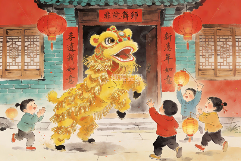 高清大图下载【趣麦麦图】儿童舞狮迎新年欢乐场景