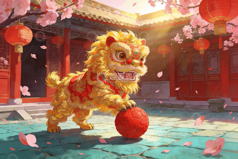 高清大图下载【趣麦麦图】舞狮迎春庭院祥瑞