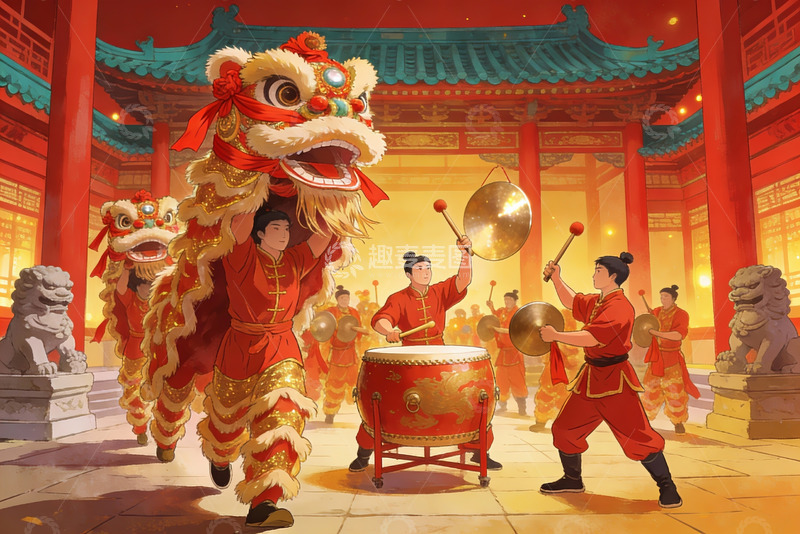 高清大图下载【趣麦麦图】传统舞狮表演热闹非凡