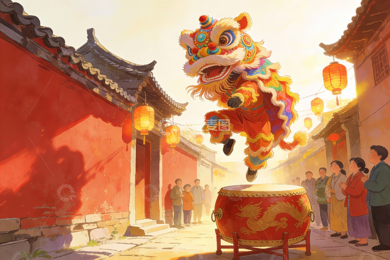 高清大图下载【趣麦麦图】传统舞狮表演热闹街巷