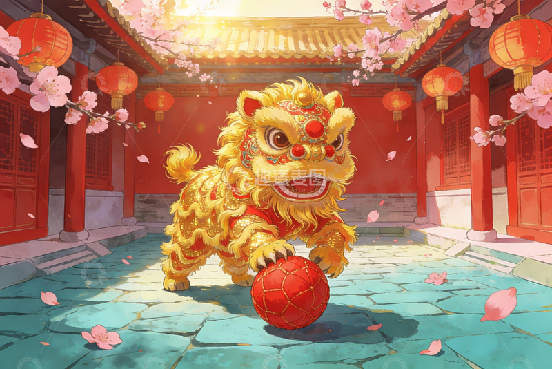 高清大图下载【趣麦麦图】舞狮迎春庭院祥瑞