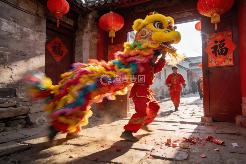 高清大图下载【趣麦麦图】传统舞狮表演热闹非凡