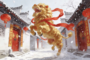 雪中金狮舞动传统街巷