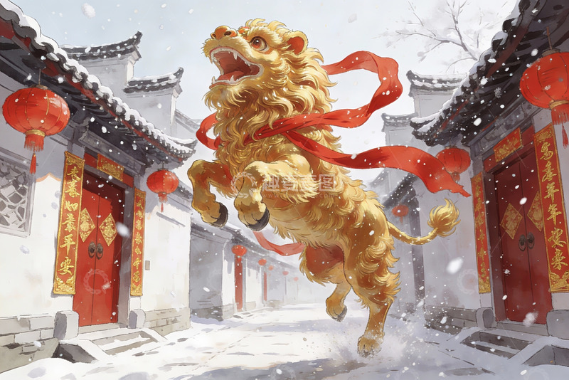 高清大图下载【趣麦麦图】雪中金狮舞动传统街巷