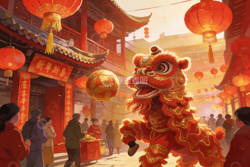 高清大图下载【趣麦麦图】春节舞狮热闹街景