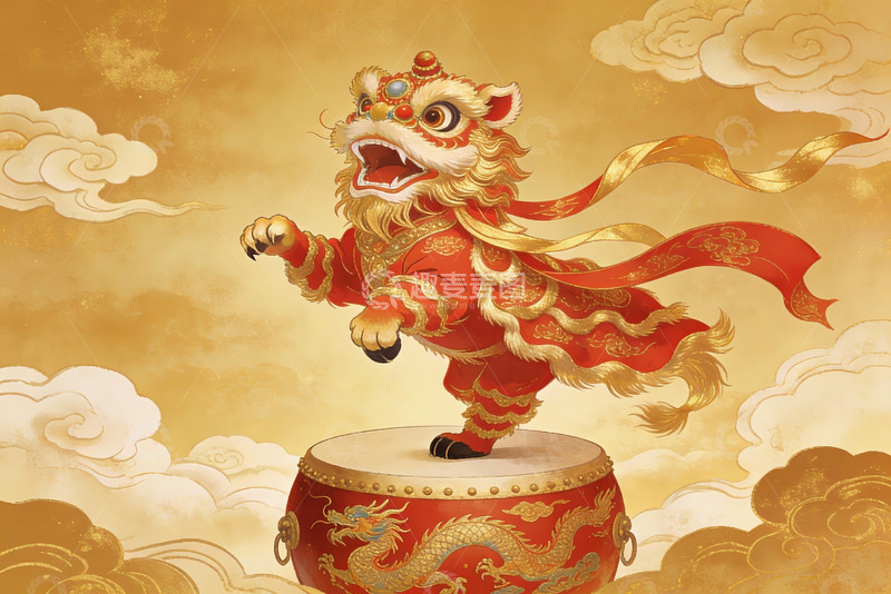 高清大图下载【趣麦麦图】舞狮击鼓祥云环绕传统艺术