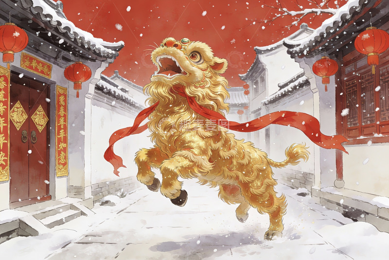 高清大图下载【趣麦麦图】雪中舞狮迎新春