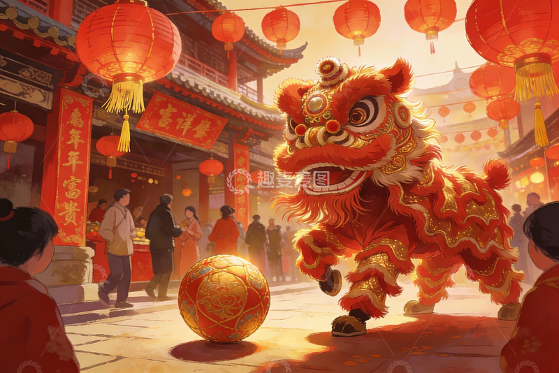 高清大图下载【趣麦麦图】春节舞狮热闹街景