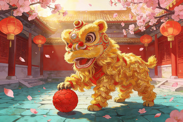 金狮舞球迎春景