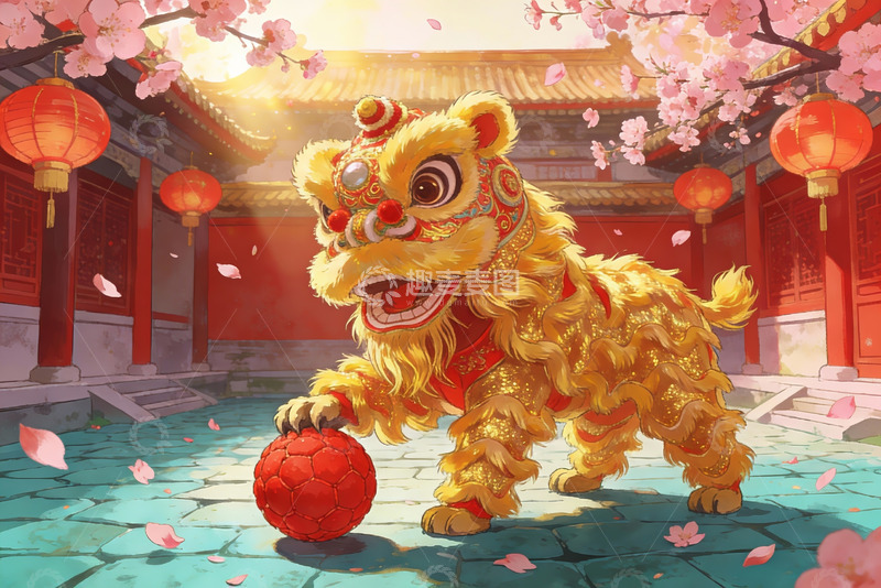 高清大图下载【趣麦麦图】金狮舞球迎春景