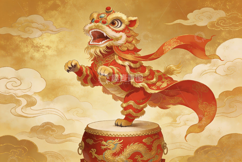 高清大图下载【趣麦麦图】舞狮表演跃上鼓面生动画面