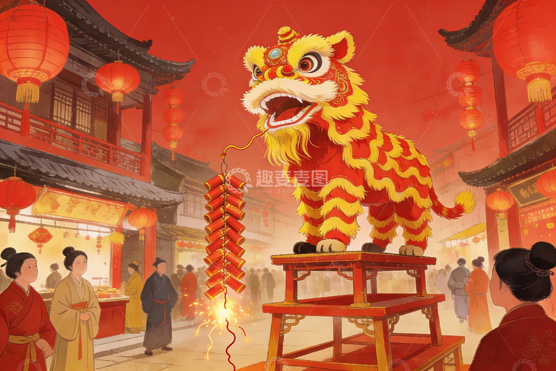 高清大图下载【趣麦麦图】春节舞狮热闹街景