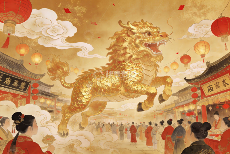高清大图下载【趣麦麦图】-金色神兽飞天古街庆典