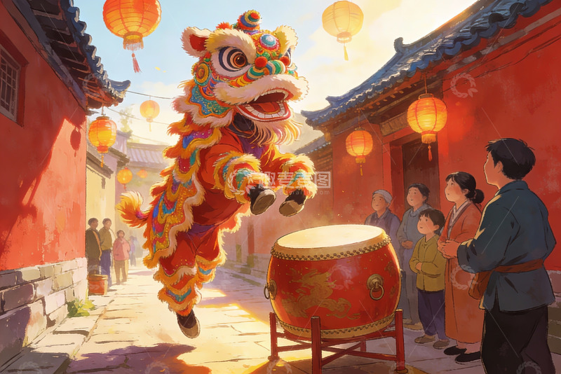高清大图下载【趣麦麦图】舞狮表演热闹街巷