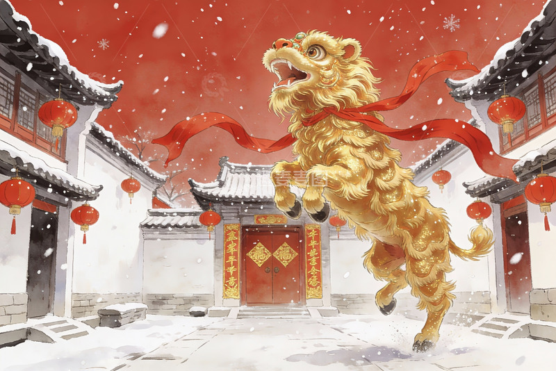 高清大图下载【趣麦麦图】雪中舞狮迎新春