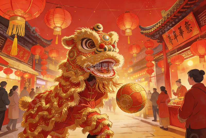 高清大图下载【趣麦麦图】春节舞狮热闹街景