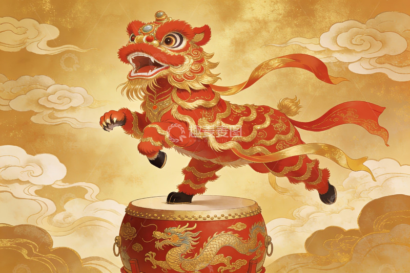 高清大图下载【趣麦麦图】红色舞狮跃鼓之上