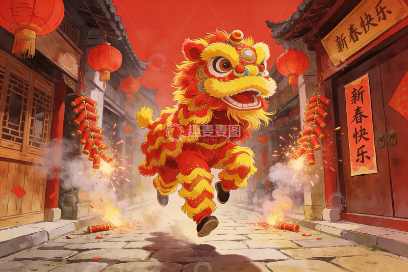 高清大图下载【趣麦麦图】春节舞狮热闹街景