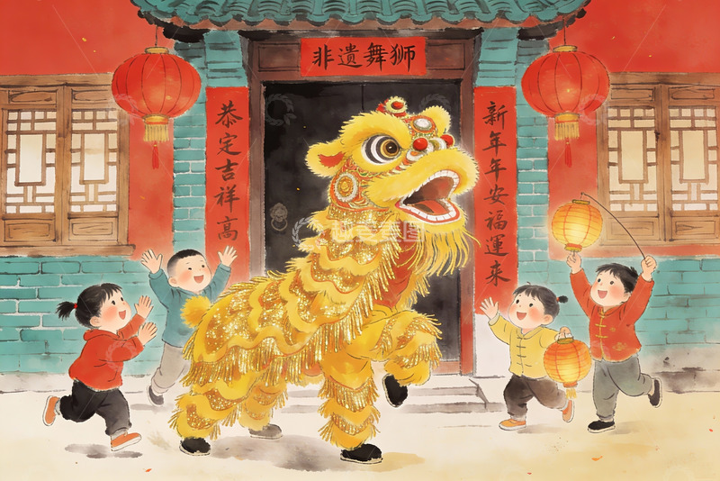 高清大图下载【趣麦麦图】儿童舞狮迎新年欢乐场景