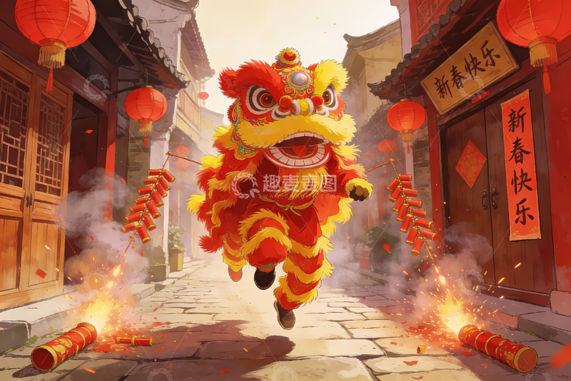 高清大图下载【趣麦麦图】春节舞狮热闹街景