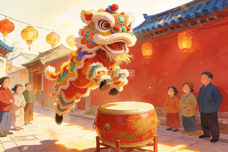 高清大图下载【趣麦麦图】传统舞狮表演热闹街景
