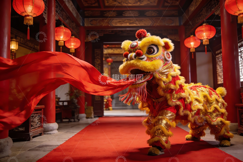 高清大图下载【趣麦麦图】传统舞狮表演于古建筑内