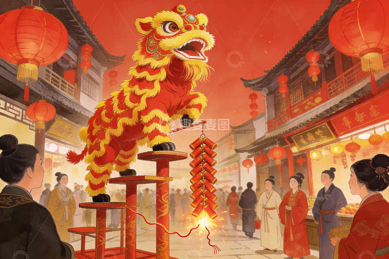 高清大图下载【趣麦麦图】传统舞狮庆典热闹街景