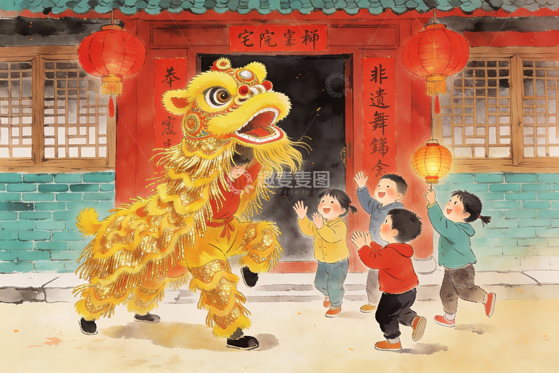 高清大图下载【趣麦麦图】儿童欢庆舞狮迎新春