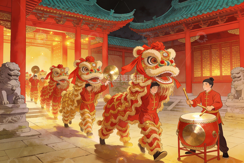 高清大图下载【趣麦麦图】传统舞狮表演夜景