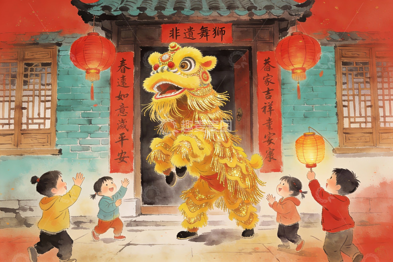 高清大图下载【趣麦麦图】儿童欢庆舞狮迎新春