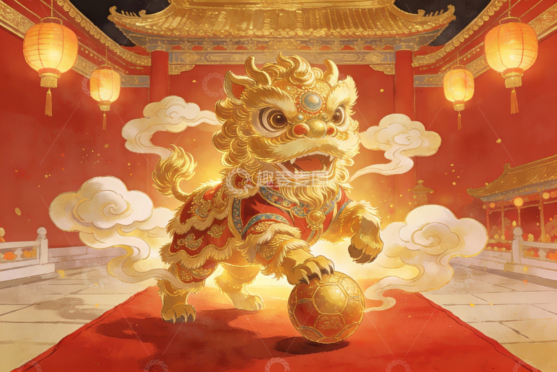 高清大图下载【趣麦麦图】金色舞狮踩球迎新春