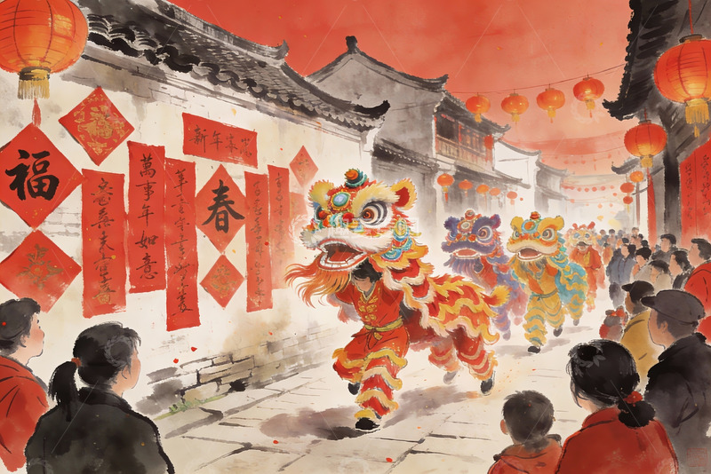 高清大图下载【趣麦麦图】春节舞狮热闹街景