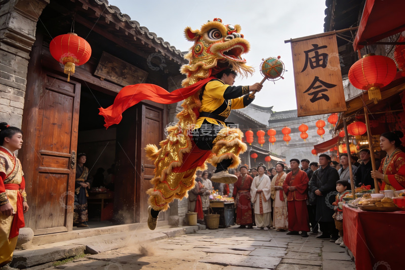 高清大图下载【趣麦麦图】古街舞狮表演热闹非凡