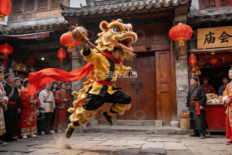 高清大图下载【趣麦麦图】舞狮表演街头热闹场景
