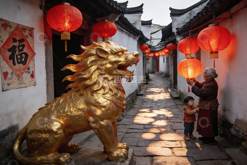 高清大图下载【趣麦麦图】古巷红灯笼下祖孙牵手