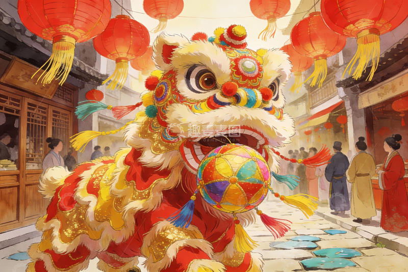 高清大图下载【趣麦麦图】春节舞狮热闹街景
