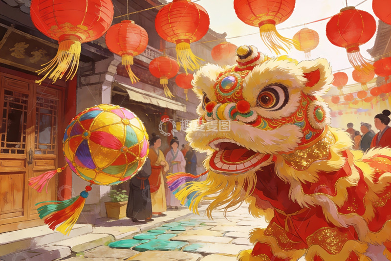高清大图下载【趣麦麦图】春节舞狮热闹街景