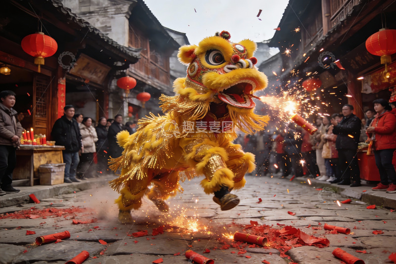 高清大图下载【趣麦麦图】街头舞狮表演热闹非凡