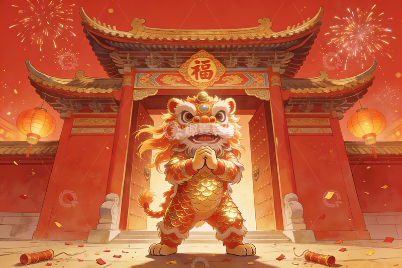 高清大图下载【趣麦麦图】春节舞狮迎福门
