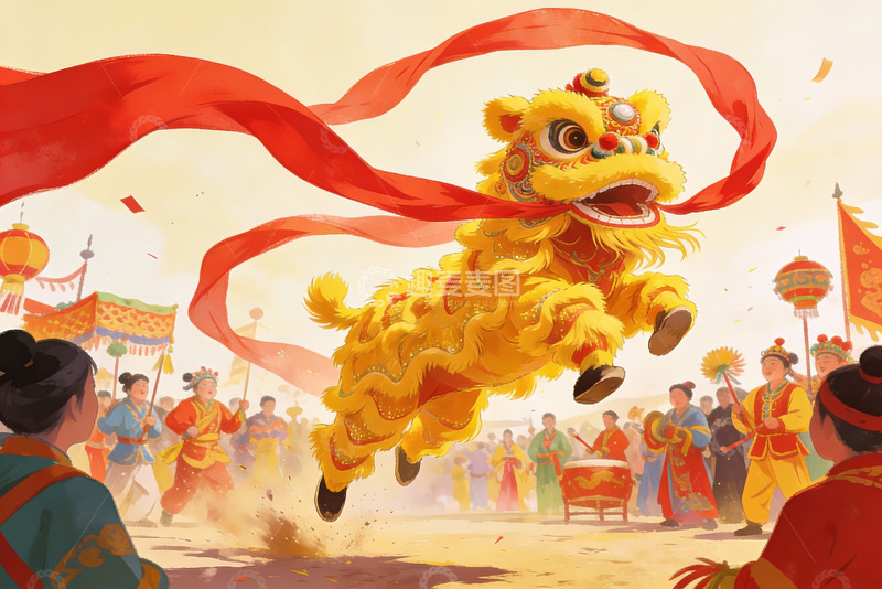 高清大图下载【趣麦麦图】热闹舞狮表演场景
