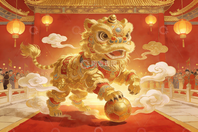 高清大图下载【趣麦麦图】金色舞狮踩球迎新春