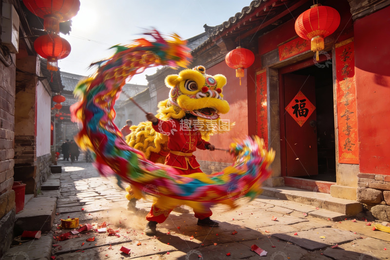 高清大图下载【趣麦麦图】街头舞狮表演热闹非凡