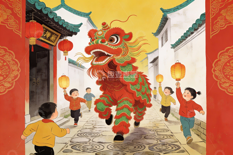 高清大图下载【趣麦麦图】儿童舞狮街头欢庆场景