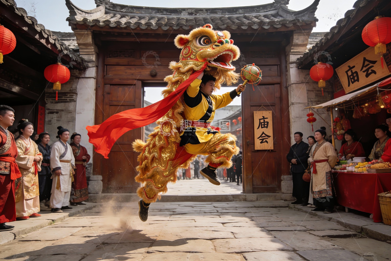高清大图下载【趣麦麦图】古街舞狮表演热闹非凡