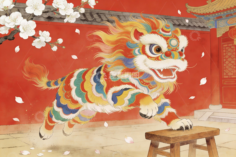 高清大图下载【趣麦麦图】色彩斑斓舞狮跃凳迎春图