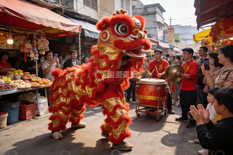 高清大图下载【趣麦麦图】街头舞狮表演热闹非凡