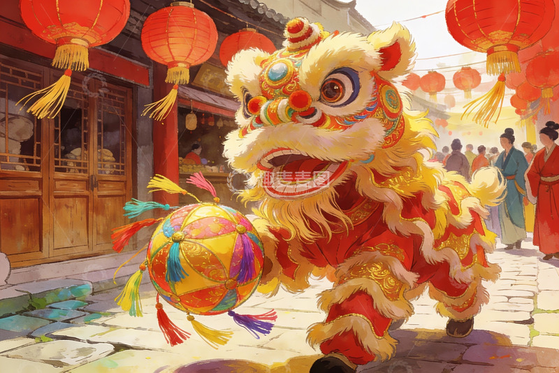 高清大图下载【趣麦麦图】舞狮表演热闹街景